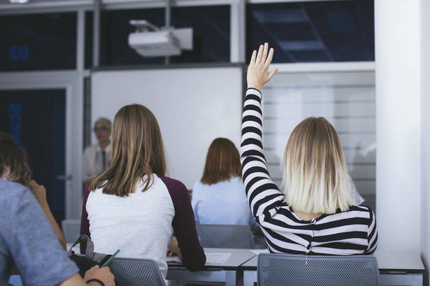 High school student rising a hand to answer a question. - Fotoğraf, Görsel