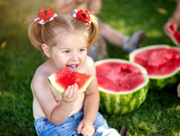 Zomer gezonde voeding. Zomer gezonde food.two gelukkig lachend kind eten watermeloen in park. Closeup portret van schattige kleine meisjes. - Foto, afbeelding