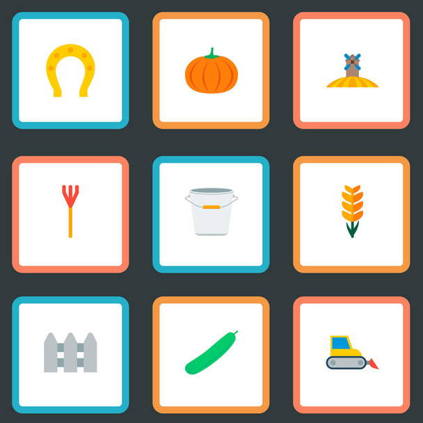 Set vlakke stijl symbolen van de pictogrammen van de landbouw met hoefijzer, rake, emmer en andere pictogrammen voor uw web mobiele app logo ontwerp. - Vector, afbeelding