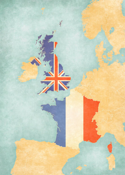 United Kingdom and France on the map of Western Europe in soft grunge and vintage style, like old paper with watercolor painting.  - Foto, Imagem