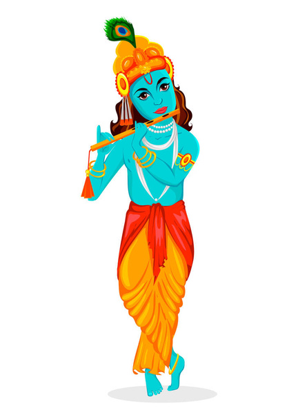 Χαρούμενος ο Κρίσνα Janmashtami ευχετήρια κάρτα. Ο Λόρδος Krishna ινδική Θεός παίζει το φλάουτο. Εικονογράφηση διάνυσμα σε λευκό φόντο. - Διάνυσμα, εικόνα