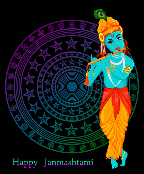 Joyeux Krishna Janmashtami carte de vœux. Seigneur Krishna Dieu indien joue de la flûte. Illustration vectorielle sur beau fond sombre
. - Vecteur, image