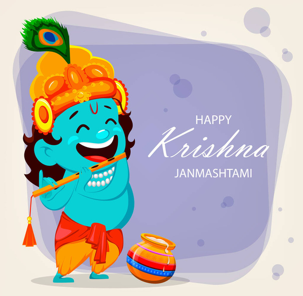 Joyeux Krishna Janmashtami carte de vœux. personnage de dessin animé drôle Seigneur Krishna Dieu indien joue de la flûte. Illustration vectorielle sur fond violet clair
 - Vecteur, image