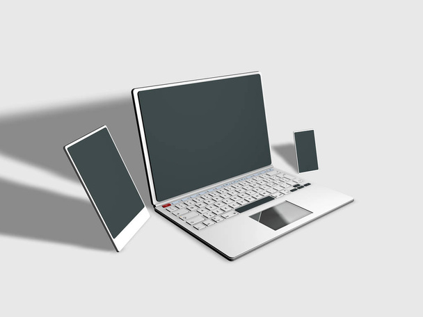 Tablet, laptop a smartphone na neutrálním pozadí, prostorové vykreslování - Fotografie, Obrázek