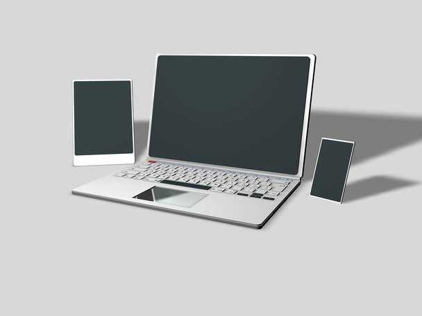 Планшет, ноутбук и смартфон на нейтральном фоне, 3D рендеринг
 - Фото, изображение