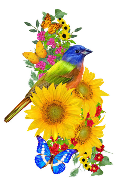 blue bird sits on a branch of bright red flowers, yellow sunflowers, green leaves, beautiful butterflies. Isolated on white background. Flower composition. - Valokuva, kuva