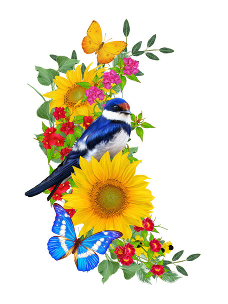 blSwallowue bird sits on a branch of bright red flowers, yellow sunflowers, green leaves, beautiful butterflies. Isolated on white background. Flower composition. - Foto, Imagen