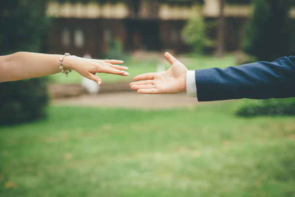 beautiful wedding couple holding hands together in the park - Foto, Imagen