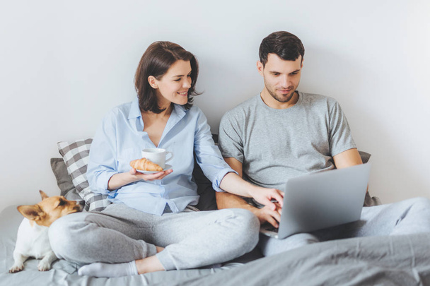 Couple in love spend morning weekends in bedroom, view photos on laptop computer, sit on bed together with their pet, being in good mood. Female drinks coffee with crroissant sits near husband - Photo, Image