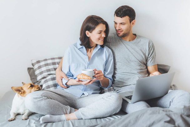 liebevolles verliebtes Paar umarmt sich im Schlafzimmer, filmt online auf dem Laptop, frühstückt, genießt häusliche Atmosphäre und ihr Lieblingstier liegt im Bett. Menschen, Relativitätstheorie - Foto, Bild