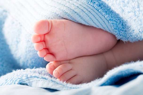 Newborn baby feet on background - 写真・画像