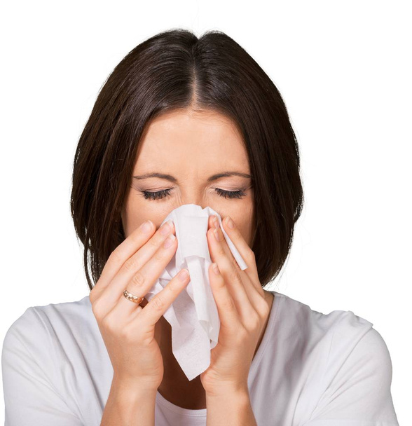 Sick Young Woman Blowing Nose - Photo, image
