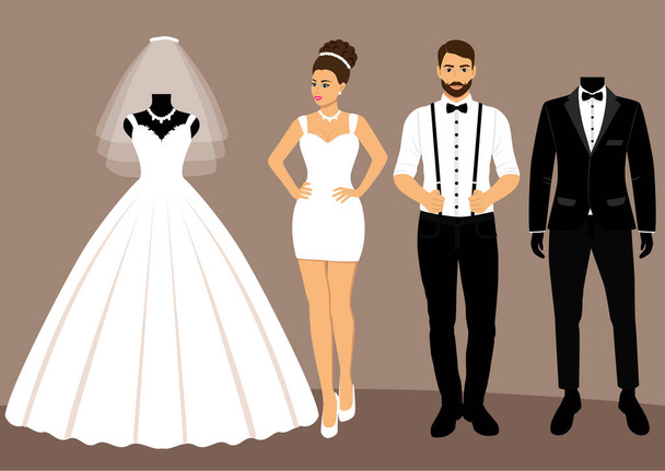 Een aantal bruiloft kleding. De keuze. Kleding voor de bruid en  - Vector, afbeelding