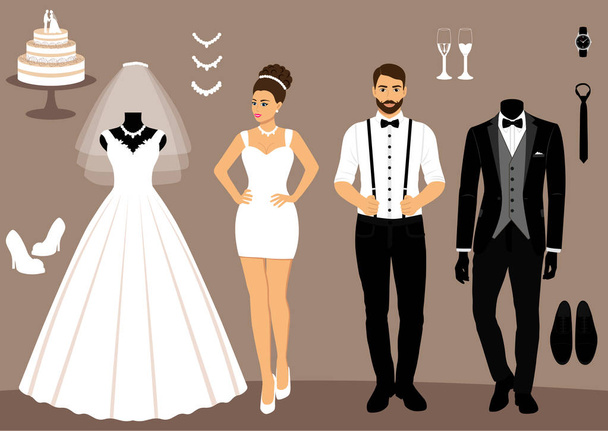 Μια σειρά από ρούχα του γάμου. Η επιλογή. Ρούχα για τη νύφη και  - Διάνυσμα, εικόνα