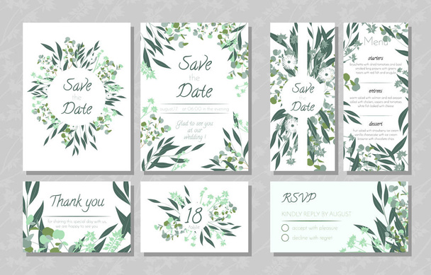 Bruiloft kaarten met Eucalyptus. - Vector, afbeelding