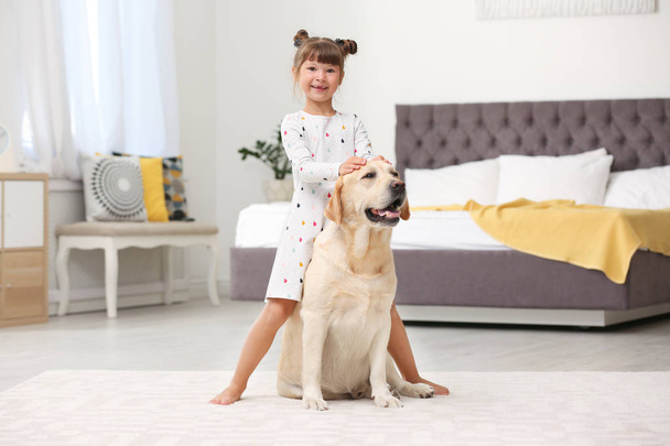 Adorable yellow labrador retriever and little girl at home - Foto, Bild