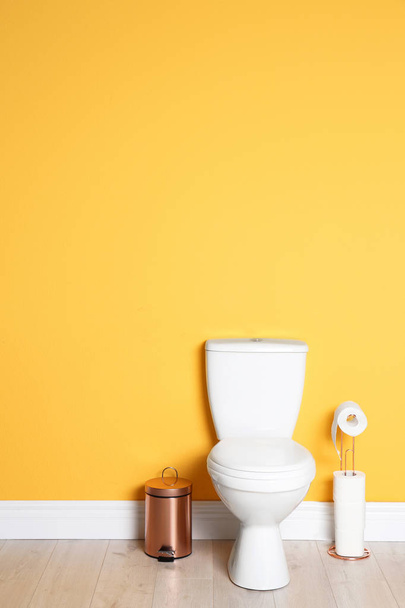New ceramic toilet bowl in modern bathroom with space for text - Zdjęcie, obraz