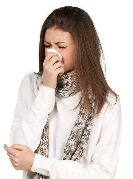 Sick Young Woman Blowing Nose - Isolated - Foto, afbeelding