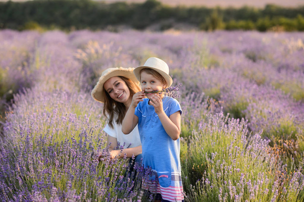 Mom and girl walk on the lavender field. - Foto, Imagen