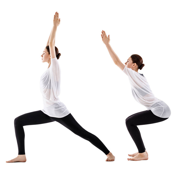 Колаж молодої жінки, що займається вправами з йоги. Ізольовані на білому
. - Фото, зображення