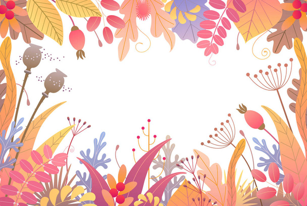 Rectangle horizontal frame made with colorful leaves, dried grass and berries on white background. Floral border with simple elements of autumn plants.  Vector flat naive illustration. - Vektör, Görsel