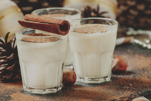 Eggnog with milk, cinnamon, grated nutmeg, decorated with fir cones, beads, nuts and Christmas balls - Fotografie, Obrázek