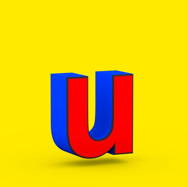 Supersankari U-kirjain. 3D tehdä tyylitelty retro punainen ja sininen fontti eristetty keltaisella pohjalla
. - Valokuva, kuva