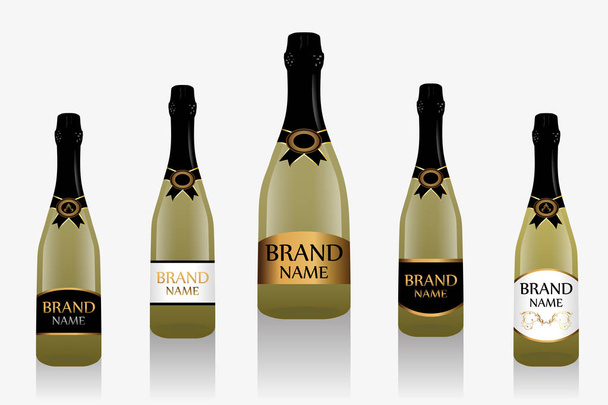 Champagne bottle or sparkling wine with label. Collection of five light glass bottles isolated on white background. Vector illustration. - Vektör, Görsel