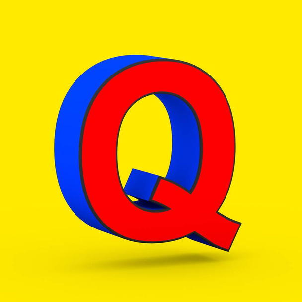 Superhero letter Q uppercase. 3D render of stylized retro red and blue font isolated on yellow background. - Fotografie, Obrázek