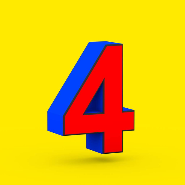 Superhero number 4. 3D render of stylized retro red and blue font isolated on yellow background. - Photo, Image