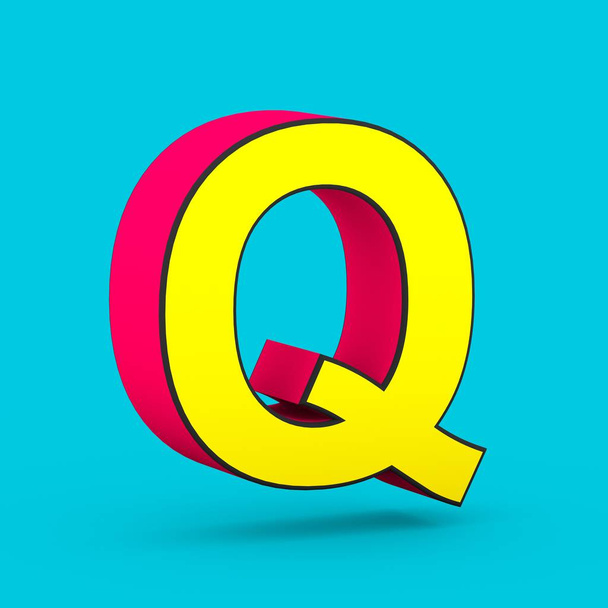 Superhero literę Q wielkie litery. odwzorowania 3D stylizowane retro czcionki czerwony i żółty na białym tle na niebieskim tle. - Zdjęcie, obraz
