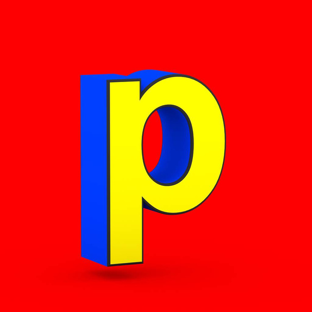 Szuperhős P betű kisbetű. 3D render stilizált retro kék és sárga betűtípus elszigetelt piros háttér. - Fotó, kép