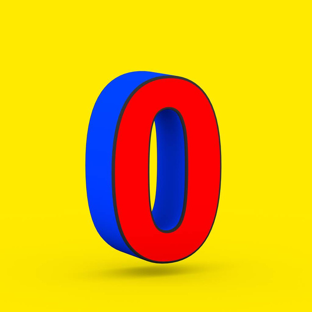 Superheld nummer 0. 3D render van gestileerde retro rood en blauw lettertype geïsoleerd op gele achtergrond. - Foto, afbeelding