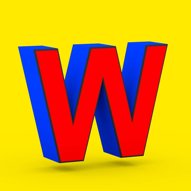 Superhero letter W uppercase. 3D render of stylized retro red and blue font isolated on yellow background. - Photo, Image