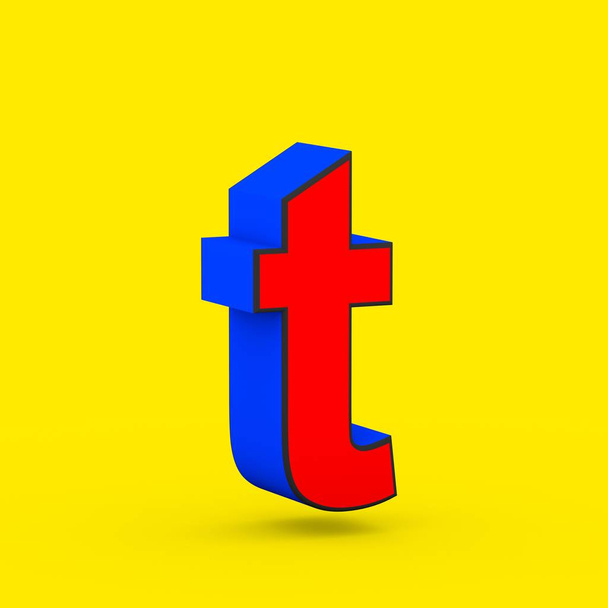 Superhelden Buchstaben t Kleinbuchstaben. 3D-Darstellung stilisierter roter und blauer Retro-Schrift auf gelbem Hintergrund. - Foto, Bild