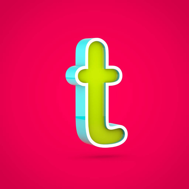 Juicy letter T lowercase. 3D render of colorful lime and blue font isolated on hot pink background. - Photo, Image