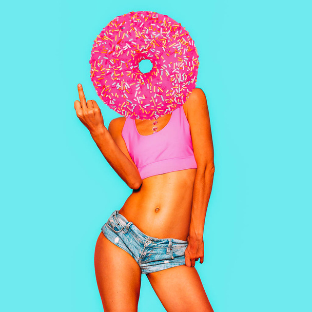 Contemporary art collage. Minimal donut lover concept. Donut and pretty Girl - Zdjęcie, obraz