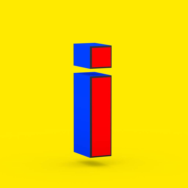 Carta de superhéroe I minúscula. Representación 3D de fuente retro estilizada roja y azul aislada sobre fondo amarillo
. - Foto, imagen
