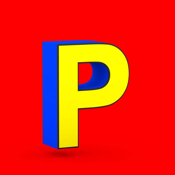 Szuperhős betű nagybetűs P. 3D render stilizált retro kék és sárga betűtípus elszigetelt piros háttér. - Fotó, kép
