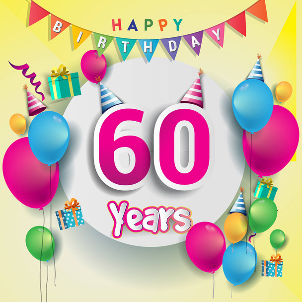 60 éves évforduló ünneplés Design léggömbök és ajándék doboz, színes látványelemek banner és a meghívás kártya. - Vektor, kép