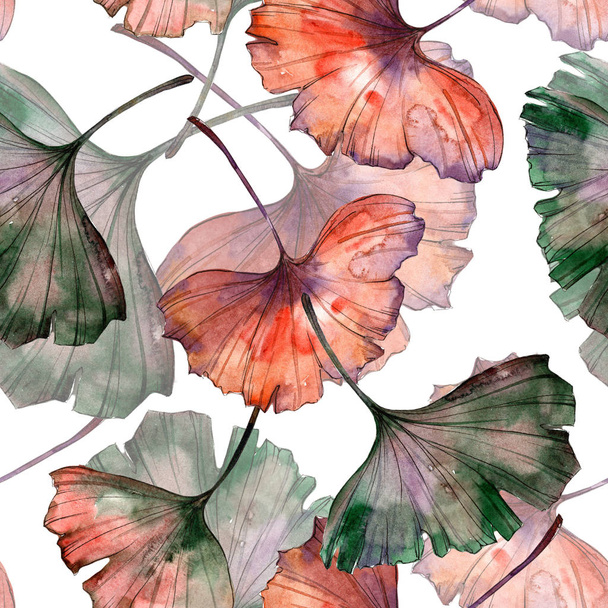 Watercolor colorful ginkgo leaf. Leaf plant botanical garden floral foliage. Seamless background pattern. Fabric wallpaper print texture. Aquarelle leaf for background, texture, wrapper pattern. - Foto, afbeelding