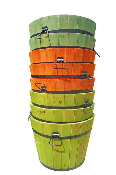 Stacked colorful wooden buckets isolated - Photo, Image