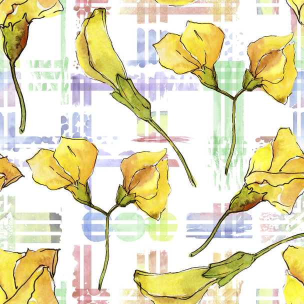 Watercolor yellow acacia leaf. Leaf plant botanical garden floral foliage. Seamless background pattern. Fabric wallpaper print texture. Aquarelle leaf for background, texture, wrapper pattern. - Photo, Image