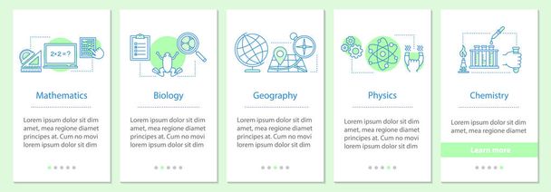 School subjects onboarding mobile app page screen with linear concepts. Mathematics, biology, geography, physics, chemistry steps graphic instructions. UX, UI, GUI vector template with illustrations - Vector, Image