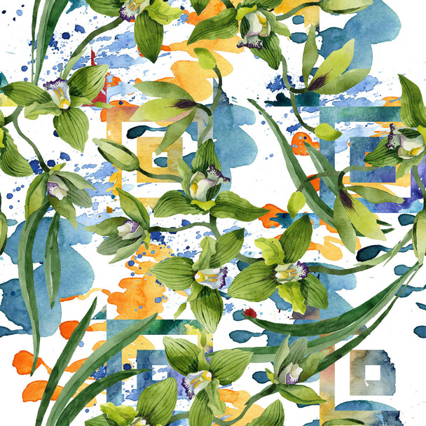 Акварельні зелені квіти орхідей. Квіткова ботанічна квітка. Безшовний візерунок тла. Тканинні шпалери друкують текстуру. Акварель дика квітка для тла, текстури, візерунка обгортки, рамки або рамки
. - Фото, зображення