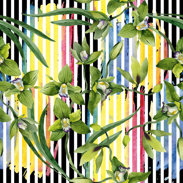 Watercolor green orchid flowers. Floral botanical flower. Seamless background pattern. Fabric wallpaper print texture. Aquarelle wildflower for background, texture, wrapper pattern, frame or border. - Fotó, kép