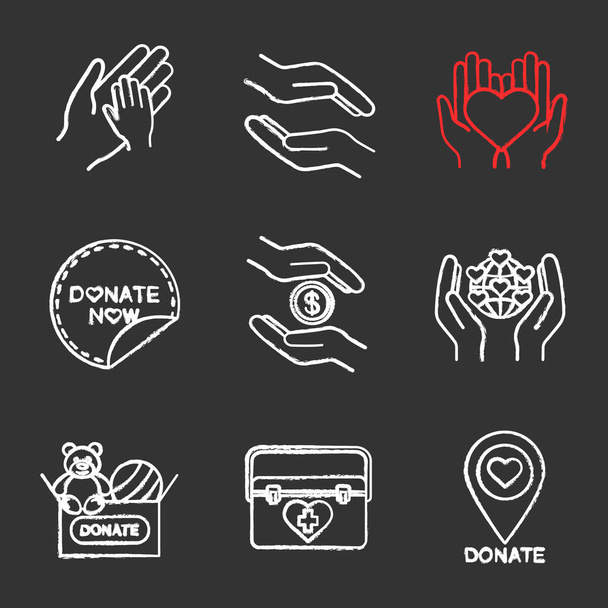 Charity chalk icons set. Helping hands, donate now sticker, Earth saving, toys donation, organ transplant box, charity organization location. Isolated vector chalkboard illustrations - Vector, Image