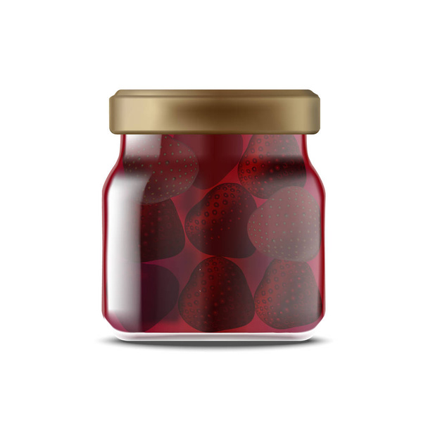 Realistic Detailed 3d Strawberry Jam Glass Jar. Vector - Vettoriali, immagini