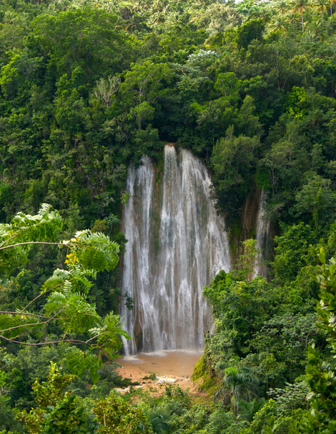 słynny wodospad w lesie po tropikalny deszcz. Samana. - Zdjęcie, obraz
