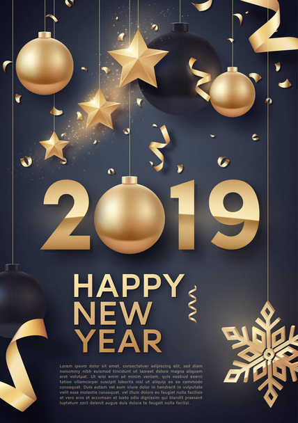 Gold and black Christmas balls with gold stars and big golden snowflake. Vector illustration of happy new year 2019. - Vector, Image